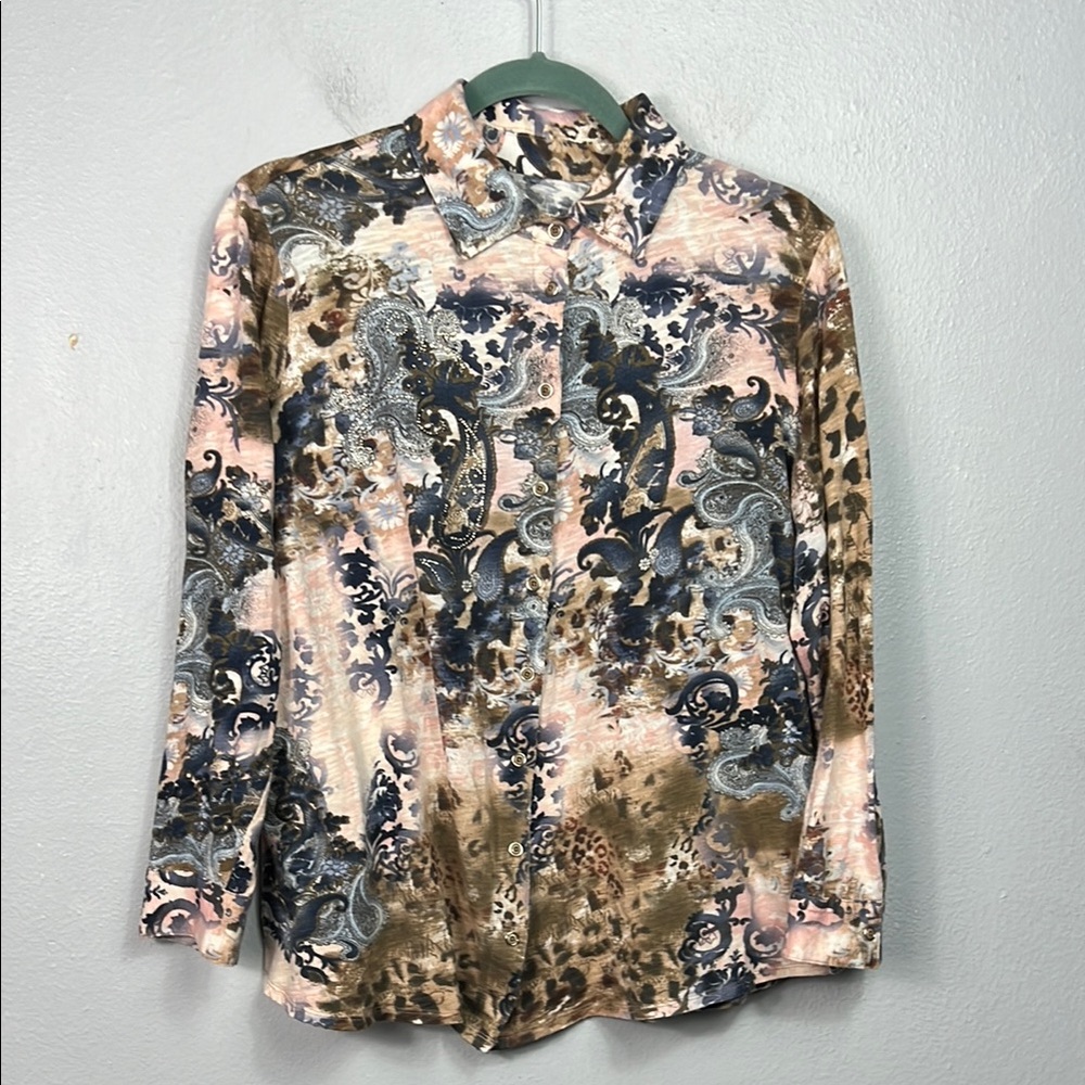 Soft Surroundings Blue Pink Tan Allover Paisley Print Long Sleeve Blouse Medium